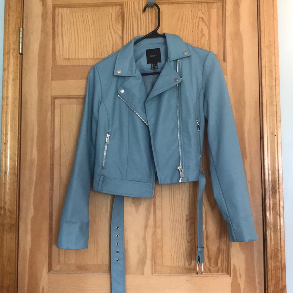 Worn once! Blue leather jacket